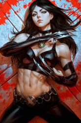Rule 34 | 1girl, abs, biceps, breasts, bridal gauntlets, chain belt, claw (weapon), claw mark, cleavage, crop top, green eyes, highres, laura kinney, leather, leather pants, looking at viewer, marvel, medium breasts, muscular, muscular female, navel, pants, solo, stanley lau, stomach, weapon, x-23, x-men