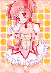 Rule 34 | 10s, 1girl, bad id, bad pixiv id, bow, bubble skirt, clothes lift, frills, gloves, hair bow, head tilt, kaname madoka, kuune rin, looking at viewer, magical girl, mahou shoujo madoka magica, mahou shoujo madoka magica (anime), marker (medium), pastel (medium), pink eyes, pink hair, ribbon, short hair, short twintails, skirt, skirt lift, smile, solo, traditional media, twintails
