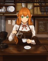 Rule 34 | 1girl, apron, bag, blue ribbon, blush, brown apron, brown hair, cafe, closed mouth, cup, english text, girls&#039; frontline, green eyes, hair ribbon, highres, holding, indoors, long hair, long sleeves, springfield (girls&#039; frontline), menu, mistcastle, neck ribbon, paper, plate, red ribbon, ribbon, saucer, shelf, shirt, smile, solo, steam, teacup, teapot, very long hair, white shirt