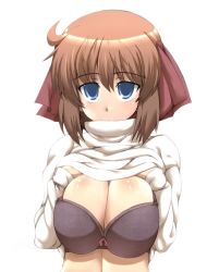 Rule 34 | 1girl, ahoge, artist request, black bra, blue eyes, blush, bow, bow bra, bra, breast suppress, breasts, brown hair, character request, cleavage, clothes lift, female focus, hair ribbon, large breasts, linea alba, lingerie, long sleeves, looking at viewer, medium hair, no pupils, ribbon, shiny skin, shirt, shirt lift, simple background, solo, source request, sweater, sweater lift, underwear, upper body, white background, white shirt