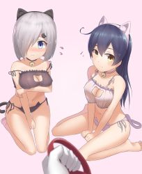 Rule 34 | 10s, 2girls, ahoge, alternate costume, animal ears, bare shoulders, barefoot, bell, between legs, black panties, blue eyes, blue hair, blurry, blush, breast hold, breasts, bu li, cat cutout, cat ear panties, cat ears, cat hair ornament, cat lingerie, cat tail, choker, cleavage, cleavage cutout, clothing cutout, collar, collarbone, covered erect nipples, covering privates, covering crotch, crop top, crop top overhang, depth of field, embarrassed, eyelashes, fake animal ears, flying sweatdrops, frills, from above, gloves, gradient background, grey hair, hair ornament, hair over one eye, hairband, hamakaze (kancolle), hand between legs, jingle bell, kantai collection, large breasts, long hair, looking at viewer, meme attire, multiple girls, navel, neck bell, out of frame, panties, pink background, side-tie panties, sitting, smile, soles, stomach, strap slip, tail, underwear, underwear only, ushio (kancolle), wariza, white gloves, white panties, yellow eyes