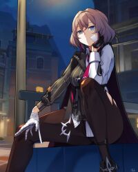 Rule 34 | 1girl, absurdres, bandages, boots, brown hair, cape, dress shirt, grey eyes, highres, honkai (series), honkai impact 3rd, lantern (honkai impact), looking at viewer, necktie, no panties, no pants, pantyhose, shirt, solo, spread legs, torn clothes, torn pantyhose
