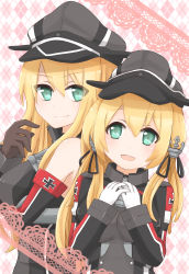 Rule 34 | 10s, 2girls, :d, anchor hair ornament, bare shoulders, bismarck (kancolle), blonde hair, brown gloves, cross, detached sleeves, enuta k, gloves, green hair, hair ornament, hands on own chest, hat, iron cross, kantai collection, long hair, long sleeves, looking at viewer, military, military hat, military uniform, multiple girls, open mouth, peaked cap, pink background, prinz eugen (kancolle), smile, twintails, uniform, upper body, white gloves