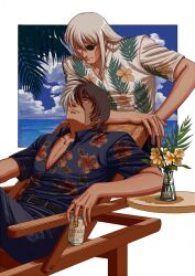 Rule 34 | 2boys, beach chair, beer can, black hair, black jack (character), black jack (series), border, can, collarbone, drink can, eyepatch, floral print, grey hair, hawaiian shirt, hibiscus print, highres, holding, holding can, kiriko (black jack), long hair, looking at another, male focus, mature male, multicolored hair, multiple boys, oldkin, palm tree, pectoral cleavage, pectorals, shirt, short hair, short sleeves, split-color hair, stitched face, stitches, tree, white border