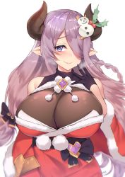 Rule 34 | 1girl, black bow, black gloves, blue eyes, blush, bow, braid, breasts, closed mouth, draph, fang, fang out, fur trim, gloves, granblue fantasy, hair bow, hair ornament, hair over one eye, hand up, heart, heart-shaped pupils, horns, kuavera, large breasts, lips, long hair, looking at viewer, narmaya (granblue fantasy), narmaya (holiday) (granblue fantasy), pointy ears, pom pom (clothes), purple hair, simple background, single braid, smile, snowman hair ornament, solo, symbol-shaped pupils, upper body, very long hair, white background