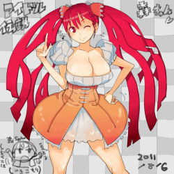 Rule 34 | 1girl, breasts, checkered background, chibi, chibi inset, cleavage, dated, hand on own hip, index finger raised, large breasts, long hair, maid, mori hikiko, musical note, one eye closed, original, red eyes, red hair, solo, takayama toshinori, thick thighs, thighs, twintails, wink