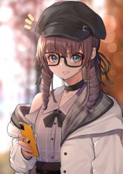 Rule 34 | 1girl, black-framed eyewear, black bow, black bowtie, black choker, black hat, black ribbon, blue eyes, blurry, blurry background, bow, bowtie, brown hair, cellphone, choker, coat, depth of field, drill hair, fingernails, glasses, grey shirt, hair ribbon, hat, heart pendant, highres, holding, holding phone, hololive, looking at viewer, mikan (chipstar182), nail polish, natsuiro matsuri, natsuiro matsuri (casual), notice lines, off shoulder, open clothes, open coat, outdoors, parted lips, phone, pink nails, ribbon, shirt, smartphone, smile, solo, twin drills, twintails, upper body, virtual youtuber, white coat