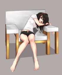 Rule 34 | bare legs, barefoot, black eyes, black hair, chair, full body, grey background, jpeg artifacts, looking at viewer, open fly, shirt, short shorts, short sleeves, shorts, sitting, solo, tsukino wagamo, twintails, unzipped