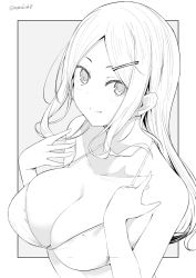 Rule 34 | 1girl, bikini, blush, breasts, closed mouth, grey background, greyscale, hair ornament, hairclip, kichihachi, large breasts, long hair, looking at viewer, monochrome, original, smile, solo, swimsuit, twitter username, two-tone background, upper body, white background