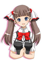 Rule 34 | 1girl, blue eyes, blush, brown hair, looking at viewer, open mouth, own hands together, pochi (pochi-goya), school uniform, serafuku, simple background, smile, solo, twintails, upper body, white background