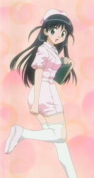 Rule 34 | 00s, 1girl, black hair, blush, hat, long hair, looking at viewer, looking back, nurse, nurse cap, school rumble, screencap, short twintails, smile, solo, thighhighs, tsukamoto tenma, twintails, two side up, uniform, white thighhighs, zettai ryouiki