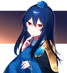 Rule 34 | 1girl, armor, blue dress, blue hair, border, breasts, closed mouth, dark blue hair, dress, glint, gradient sky, hair between eyes, hand up, hat, highres, holding, holding test tube, iizunamaru megumu, large breasts, light blush, light smile, long hair, looking at viewer, nemachi, night, night sky, outside border, pauldrons, red eyes, shoulder armor, single pauldron, sky, sleeves past wrists, slit pupils, solo, star (sky), test tube, tokin hat, touhou, white border