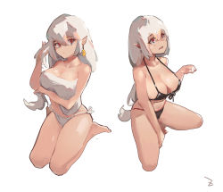 Rule 34 | 2girls, bare arms, bare legs, bikini, black bikini, breasts, chinese commentary, cleavage, collarbone, commentary request, crossed arms, earrings, highres, jewelry, large breasts, long hair, multiple girls, open mouth, original, pointy ears, red eyes, seiza, shirt, simple background, sitting, swimsuit, white background, white bikini, white hair, white shirt, zygocactus