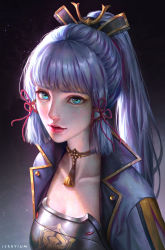Rule 34 | 1girl, absurdres, armor, artist name, ayaka (genshin impact), blue eyes, blue hair, blunt bangs, breastplate, chinese knot, collarbone, dark background, genshin impact, gradient background, hair ornament, highres, jerry loh, light particles, lips, long hair, looking at viewer, mole, mole under eye, neck tassel, ponytail, portrait, realistic, ribbon, smile, solo, sunlight