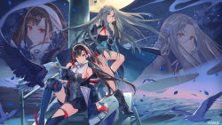Rule 34 | 2girls, anchor hair ornament, animal, artist name, atdan, azur lane, bare legs, bare shoulders, between breasts, bird, black dress, black hair, black legwear, black shirt, black skirt, boots, braid, breasts, brown eyes, capelet, closed mouth, commentary, cross-laced footwear, detached sleeves, dress, eagle, expressionless, floating hair, full moon, glasses, gloves, grey hair, hair ornament, high heel boots, high heels, independence (azur lane), knee up, lace-up boots, large breasts, long hair, looking at viewer, low ponytail, medium breasts, miniskirt, moon, multiple girls, necktie, night, night sky, outdoors, petals, projected inset, red eyes, red gloves, round eyewear, shangri-la (azur lane), shirt, sidelocks, sitting, skirt, sky, slit pupils, smile, snowflake hair ornament, star (sky), starry sky, thighhighs, thighs, very long hair