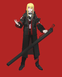 Rule 34 | 1girl, 4000xl linear accellerator gun, absurdres, asteroid ill, black legwear, blonde hair, bracelet, coat, full body, hair ornament, hairpin, highres, holding, holding weapon, iris (asteroid ill), jewelry, long hair, long sleeves, looking at viewer, neon trim, open hand, open mouth, original, red background, red eyes, shirt, smile, solo, standing, weapon, white shirt