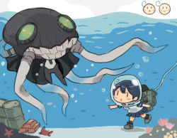 Rule 34 | 1girl, abyssal ship, ahoge, black hair, blue sailor collar, blue skirt, commentary request, drum (container), fishbowl helmet, full body, kantai collection, long hair, looking at viewer, partially underwater shot, pleated skirt, saiguchi otoufu, sailor collar, school uniform, serafuku, skirt, solo, steel ingot, tentacles, underwater, ushio (kancolle), wo-class aircraft carrier