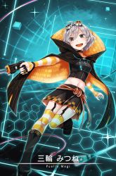 Rule 34 | 1girl, :d, ahoge, arm at side, ayakura juu, binary, black choker, black cloak, black footwear, black skirt, black tube top, blue background, blush, boots, cable, card (medium), character name, checkered trim, choker, circuit board print, cloak, cowlick, cube, detached sleeves, foot out of frame, game cg, garter straps, grey hair, grid, groin, gun, hair between eyes, holding, holding gun, holding weapon, leg up, long sleeves, magia record: mahou shoujo madoka magica gaiden, magical girl, mahou shoujo madoka magica, messy hair, midriff, miniskirt, miwa mitsune, mystical high collar, navel, official art, open mouth, orange cloak, orange eyes, orange sleeves, orange thighhighs, power symbol, short hair, skirt, sleeves past wrists, smile, solo, sparkle, strapless, striped clothes, striped sleeves, striped thighhighs, stun gun, teeth, thighhighs, thighhighs under boots, tube, tube top, two-sided cloak, two-sided fabric, two-tone cloak, upper body, upper teeth only, weapon