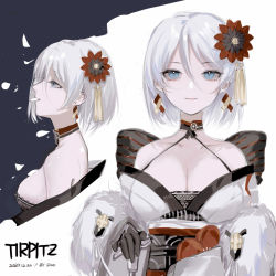Rule 34 | 1girl, azur lane, black gloves, blue eyes, breasts, cane, cape, cleavage, cross, earrings, flower, from side, fur-trimmed cape, fur trim, gloves, hair flower, hair ornament, highres, holding, holding cane, iron cross, japanese clothes, jewelry, kimono, large breasts, looking afar, looking at viewer, multiple views, off shoulder, official alternate costume, petals, profile, rae (632230212), tirpitz (azur lane), tirpitz (seasonal pine and the frost flower) (azur lane), white cane, white hair