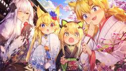 Rule 34 | 1boy, 4girls, :3, :d, :o, animal ear headphones, animal ears, black kimono, blonde hair, blue eyes, blue flower, blue sky, blurry, blurry foreground, blush, branch, brown hair, calligraphy brush, cat ear headphones, cat ears, cloud, cloudy sky, commander (girls&#039; frontline), commentary request, day, depth of field, fake animal ears, fingernails, floral print, flower, g41 (girls&#039; frontline), girls&#039; frontline, hair between eyes, hair flower, hair ornament, half-closed eye, headphones, heterochromia, highres, holding, holding paintbrush, idw (girls&#039; frontline), japanese clothes, kar98k (girls&#039; frontline), kimono, long hair, long sleeves, low twintails, multiple girls, obi, one eye closed, open mouth, out of frame, outdoors, paintbrush, pink flower, print kimono, red eyes, sash, shennai misha, sky, sleeves past fingers, sleeves past wrists, smile, striped clothes, striped kimono, tmp (girls&#039; frontline), twintails, vertical-striped clothes, vertical-striped kimono, very long hair, white hair, white kimono, wide sleeves