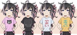 Rule 34 | 1girl, ahoge, alternate costume, black hair, black shirt, black skirt, blue eyes, blush, closed mouth, commentary, cowboy shot, demon girl, demon horns, earrings, fangs, fangs out, flat chest, flower, grey horns, hair flower, hair ornament, hair ribbon, hands on own hips, highres, horns, illusion grid t-shirt, jewelry, long hair, looking at viewer, multicolored hair, nanashi inc., oinomori may, one side up, pink background, pink hair, pink ribbon, pink shirt, pleated skirt, pointy ears, ribbon, shirt, short sleeves, single earring, skirt, smile, t-shirt, tengu nimuru, two-tone background, two-tone hair, virtual youtuber, white background, white shirt, yellow shirt