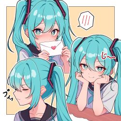Rule 34 | 1girl, aqua eyes, aqua hair, aqua necktie, black sailor collar, blush, border, bright pupils, closed eyes, commentary request, covering own mouth, embarrassed, hatsune miku, head rest, highres, holding, holding letter, kumada gaon, letter, looking at viewer, love letter, multiple views, necktie, outline, sailor collar, shirt, short sleeves, sidelocks, simple background, smile, spoken blush, twintails, vocaloid, white pupils, white shirt, yellow background