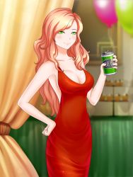 Rule 34 | 1girl, alcohol, artist request, backless dress, backless outfit, balloon, bare back, bare shoulders, beer, beer can, breasts, can, cleavage, closed mouth, cocktail dress, collarbone, cowboy shot, cupcake, curtains, date crush stories, dress, drink can, food, game cg, green eyes, half-closed eyes, highres, holding, kayla (date crush stories), large breasts, long hair, looking at viewer, no bra, orange hair, party, red dress, sleeveless, sleeveless dress, smile, solo, standing, table