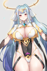 Rule 34 | 1girl, absurdres, aqua hair, black leotard, breasts, capelet, cleavage, covered navel, cowboy shot, epic seven, frills, gluteal fold, gold trim, hairband, halo, heart, heart-shaped pupils, highres, large breasts, leotard, long hair, looking at viewer, parted lips, red eyes, roana (epic seven), serin199, solo, standing, symbol-shaped pupils, thigh gap, thighs, twintails, very long hair