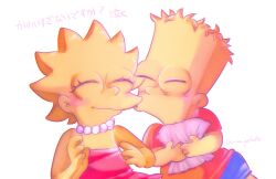 Rule 34 | 1boy, 1girl, animification, bart simpson, blonde hair, blue shorts, brother and sister, child, closed eyes, colored skin, commentary request, dress, family, gem, highres, holding, holding paper, jewelry, kiss, kissing cheek, kurwa perkele, lisa simpson, necklace, open mouth, paper, pearl (gemstone), pearl necklace, red dress, red shirt, shirt, short hair, shorts, siblings, simple background, smile, spiked hair, the simpsons, translation request, white background, yellow skin