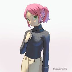 Rule 34 | 1girl, black sweater, breasts, camia (tess something), commentary, english commentary, forehead, green eyes, hair pulled back, highres, holding, holding jewelry, holding necklace, jewelry, looking at viewer, necklace, original, parted bangs, pink hair, portrait, short ponytail, small breasts, solo, standing, sweater, tess something, turtleneck, turtleneck sweater, twitter username, white background