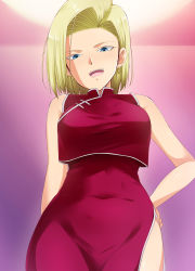 Rule 34 | 1girl, android 18, bare arms, bare shoulders, blonde hair, blue eyes, bob cut, breasts, china dress, chinese clothes, covered navel, cowboy shot, dragon ball, dragonball z, dress, earrings, female focus, from below, gradient background, hand on own hip, highres, hip focus, hip vent, hoop earrings, indoors, jewelry, kaiga, large breasts, legs, looking at viewer, navel, open mouth, red dress, short hair, sleeveless, smile, solo, standing, teeth, thighs, upper teeth only