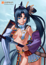 Rule 34 | 1girl, armor, asymmetrical sleeves, black hair, blue eyes, breasts, detached sleeves, fate/grand order, fate (series), hair ornament, hat, holding, holding sword, holding weapon, japanese armor, kusazuri, lasterk, long hair, looking at viewer, mismatched sleeves, navel, no panties, pom pom (clothes), revealing clothes, skirt, smile, solo, sword, ushiwakamaru (fate), very long hair, weapon