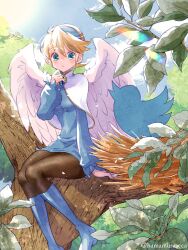 Rule 34 | 1girl, angel wings, artist name, blonde hair, blue eyes, blue footwear, boots, breasts, breath of fire, breath of fire iv, cloud, dress, earrings, feathered wings, feet out of frame, hairband, hamamuraacca, highres, jewelry, knee boots, medium breasts, nest, nina (breath of fire iv), pantyhose, short hair, solo, twitter, twitter logo, twitter username, very short hair, white wings, wings