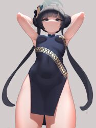 Rule 34 | 1girl, absurdres, armpit peek, arms up, black dress, black hair, blue archive, breasts, butterfly hair ornament, commentary, covered erect nipples, covered navel, double bun, dragon print, dress, from below, grey background, gya rb, hair bun, hair ornament, halo, highres, kisaki (blue archive), long hair, looking at viewer, pelvic curtain, petite, simple background, small breasts, solo, twintails, very long hair