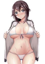 Rule 34 | 1girl, bikini, black hair, blush, breasts, closed mouth, collarbone, cowboy shot, front-tie bikini top, front-tie top, gin&#039;ichi (akacia), grey eyes, groin, hair between eyes, hayasui (kancolle), jacket, kantai collection, large breasts, navel, open clothes, open jacket, short hair, simple background, solo, standing, swimsuit, track jacket, white background, white bikini, white jacket
