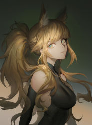 Rule 34 | 1girl, alternate costume, animal ear fluff, animal ears, arknights, bare shoulders, black gloves, blonde hair, blue eyes, breasts, closed mouth, elbow gloves, eyebrows hidden by hair, from side, gloves, gradient background, green background, highres, horse ears, jiam009, long hair, looking at viewer, looking to the side, medium breasts, ponytail, sleeveless, smile, solo, upper body, whislash (arknights)