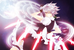 Rule 34 | 1girl, apron, bad id, bad pixiv id, clock, danmaku, embodiment of scarlet devil, female focus, gloves, gradient background, izayoi sakuya, knife, limit00, maid, maid apron, moon, red eyes, ribbon, silver hair, solo, throwing knife, touhou, weapon