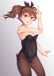Rule 34 | 1girl, alternate costume, arm at side, arm up, bare arms, bare shoulders, between fingers, black hairband, black leotard, black ribbon, blush, brown eyes, brown hair, brown pantyhose, covered navel, fake tail, fang, flat chest, gradient background, grey background, hair ribbon, hairband, highres, holding, kantai collection, leotard, looking at viewer, open mouth, pantyhose, playboy bunny, rabbit tail, ribbon, ryouya, ryuujou (kancolle), shikigami, short hair, short twintails, solo, strapless, strapless leotard, tail, twintails, wavy mouth, wrist cuffs
