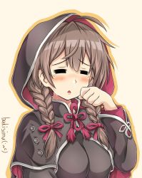Rule 34 | 1girl, = =, black capelet, black dress, braid, breasts, brown hair, capelet, commentary request, dress, closed eyes, highres, hood, hooded capelet, kantai collection, koutetunamekuji, large breasts, long hair, medium breasts, shinshuu maru (kancolle), simple background, solo, twin braids, upper body, white background