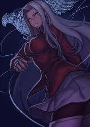 Rule 34 | 1girl, bird, boots, breasts, evan yang, fate/zero, fate (series), irisviel von einzbern, large breasts, long hair, pantyhose, red eyes, silver hair, skirt, solo, thigh boots, thighhighs
