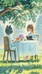 Rule 34 | 1girl, 1other, ambiguous gender, barefoot, blue sky, blush stickers, book, bow, branch, brown eyes, brown hair, cat, chair, cup, day, fantasy, fjsmu, flower, furry, glasses, grass, hair bow, highres, holding, holding book, legs together, light smile, long sleeves, looking at viewer, making-of available, open book, original, outdoors, purple flower, purple rose, robe, rose, shirt, short hair, sitting, sky, table, tablecloth, teacup, teapot, tree, under tree, vase, white robe, white shirt