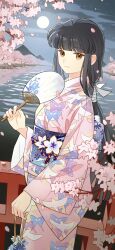 1girl animal_print bird_print black_hair bohe_liang_you brown_hair butterfly_print cherry_blossoms fence hand_fan highres inuyasha japanese_clothes kikyou_(inuyasha) kimono lake long_hair mountain night obi outdoors pink_kimono print_kimono sash sky solo tree water