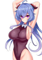 Rule 34 | 1girl, ahoge, arm behind head, arm up, armpits, bad id, bad twitter id, blue hair, blush, bodysuit, breasts, brown bodysuit, closed mouth, commentary request, covered navel, ganyu (genshin impact), genshin impact, gloves, goat horns, hair between eyes, highres, horns, large breasts, looking at viewer, purple eyes, red gloves, sankakusui, simple background, sleeveless, sleeveless bodysuit, smile, solo, white background