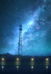 Rule 34 | canal, chain-link fence, commentary request, fence, forest, highres, lamppost, milky way, mks, nature, night, night sky, no humans, original, outdoors, radio antenna, scenery, sky, star (sky), starry sky, tree, water