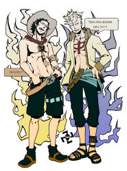 Rule 34 | 2boys, abs, bad id, bad pixiv id, belt, black footwear, black hair, black shorts, blonde hair, blue fire, boots, brown hair, fire, fire, freckles, full body, hand on own hip, hat, hip focus, jacket, japanese text, jewelry, jolly roger, male focus, manji (symbol), marco (one piece), multiple boys, muscular, necklace, one piece, open clothes, open shirt, pirate, pon (puppupon), portgas d. ace, romaji text, sandals, sash, shirt, shoes, short hair, shorts, stampede string, standing, tattoo, text focus, thigh strap, topless male, translation request