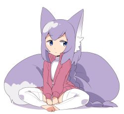 Rule 34 | 1girl, animal ear fluff, animal ears, braid, expressionless, feet, female focus, fox ears, fox tail, highres, kagura roku, original, simple background, sitting, solo, tail, thighhighs, toes, white background, white thighhighs