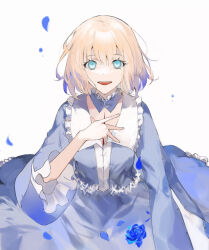 Rule 34 | 1girl, :d, blonde hair, blue eyes, blue flower, chest tattoo, collared dress, command spell, detached collar, dress, falling petals, fate/prototype, fate/prototype: fragments of blue and silver, fate (series), flower, frills, hand on own chest, highres, looking at viewer, open mouth, petals, rgb12800, sajou manaka, short hair, simple background, smile, solo, tattoo, white background