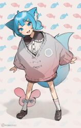 Rule 34 | 1girl, absurdres, animal ear fluff, animal ears, artist name, blue eyes, blue hair, blue tail, brown footwear, buttons, cat ears, commentary, english commentary, fang, fish ornament, fox tail, grey sweater, hair ornament, highres, long sleeves, looking at viewer, monosucre, open mouth, original, shoes, short hair, sketch, skin fang, socks, solo, standing, sweater, tail, twitter username, white socks, wide sleeves