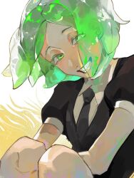 Rule 34 | 1other, androgynous, black shirt, collared shirt, colored eyelashes, crystal hair, gem, gem uniform (houseki no kuni), glowing, glowing hair, green eyes, green hair, grin, half-closed eyes, highres, houseki no kuni, knees up, looking at viewer, necktie, other focus, parted bangs, phosphophyllite, puffy short sleeves, puffy sleeves, shirt, short hair, short sleeves, sitting, smile, solo, translucent, translucent hair, white shirt, xiaoxiaoguguzi