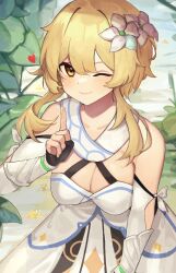 Rule 34 | 1girl, blonde hair, breasts, cleavage, collarbone, detached sleeves, dress, flower, genshin impact, hair flower, hair ornament, heart, index finger raised, lumine (genshin impact), medium breasts, one eye closed, short hair with long locks, smile, solo, tagme, takasumikei, white dress, yellow eyes